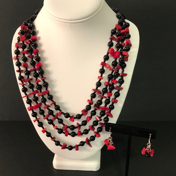 Jewelry - Multi-Strand Black & Red Necklace & Earrings